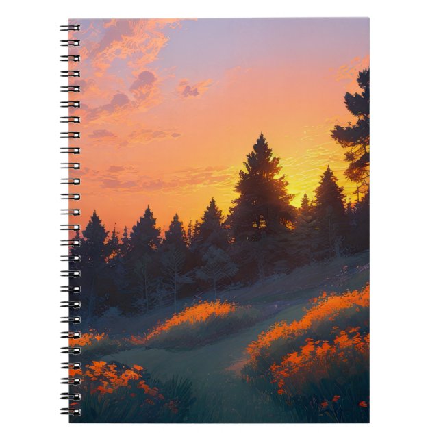 Sunset Over a Serene Pine Forest Notebook (Front)