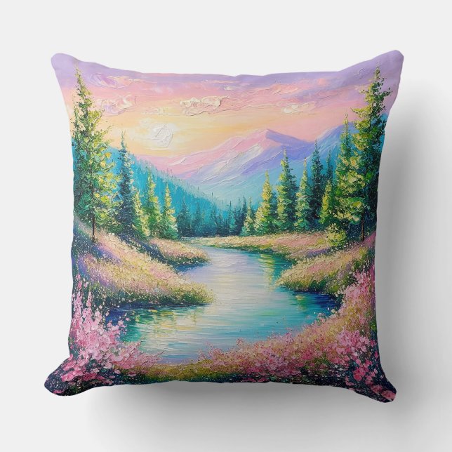 Sunset Over a Serene Stream and Trees Throw Pillow (Front)