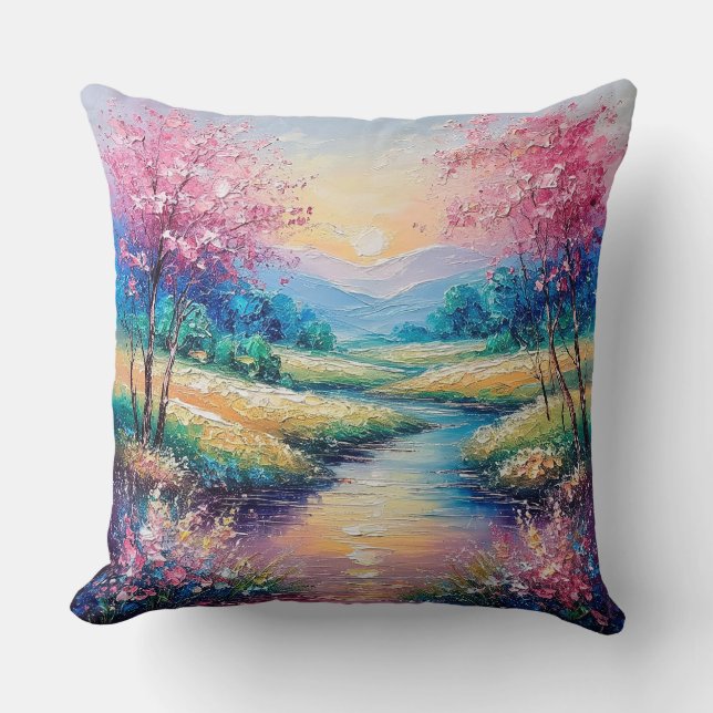 Sunset Over a Serene Stream Throw Pillow (Front)