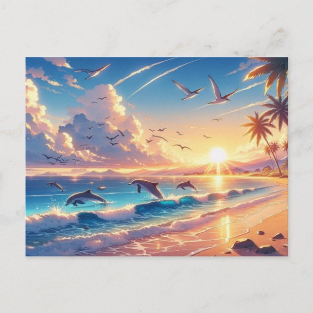 Sunset over a Tropical Beach with Dolphins and Sea Postcard (Front)