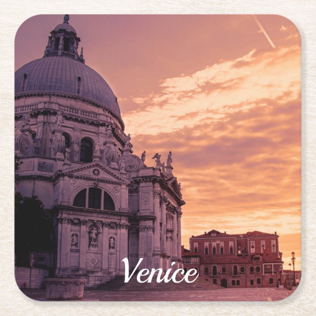 Sunset over Basilica in Venice Square Paper Coaster (Front)
