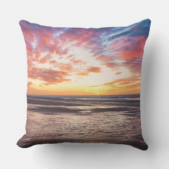 Sunset over beach and sea throw pillow (Front)