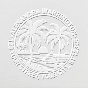 Sunset Over Beach, Palm Trees Name Return Address Embosser