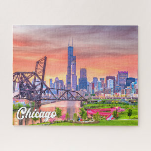 Sunset Over Chicago, Illinois, United States Jigsaw Puzzle