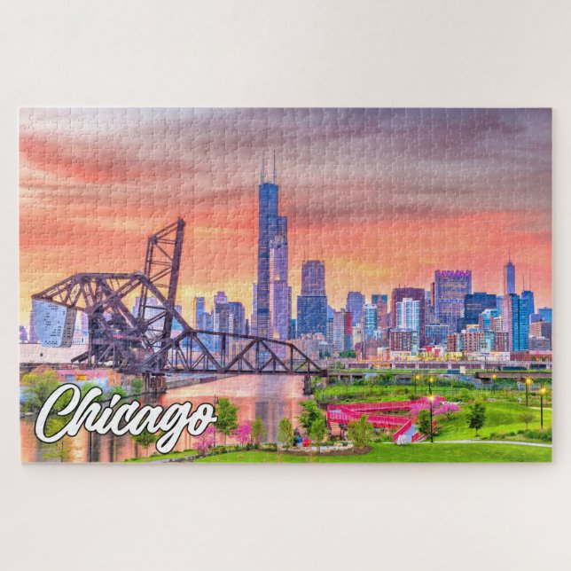 Sunset Over Chicago, Illinois, United States Jigsaw Puzzle (Horizontal)