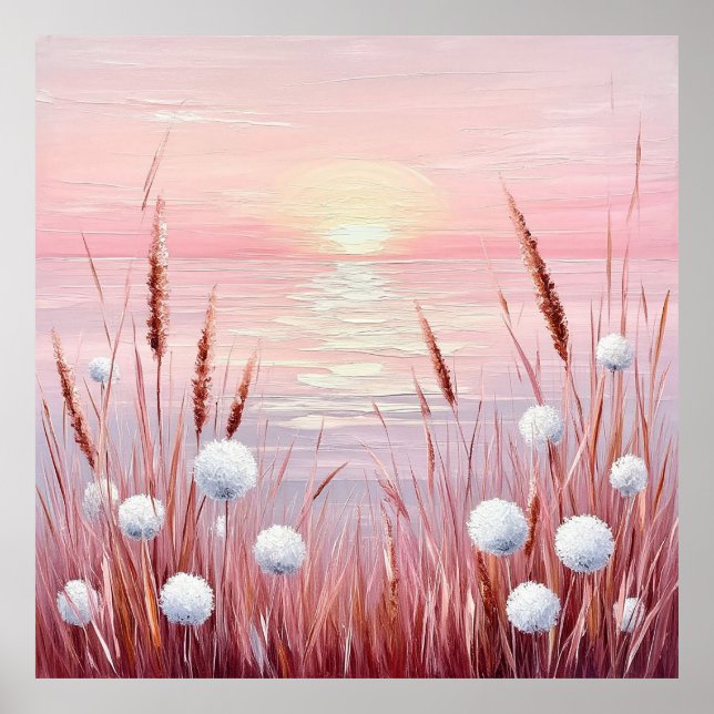 Sunset Over Field of Dandelions Poster (Front)
