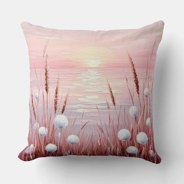 Sunset Over Field of Dandelions Throw Pillow (Front)