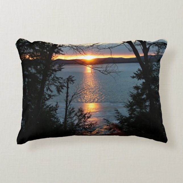Sunset Over Forest Lake Throw Pillow (Front)