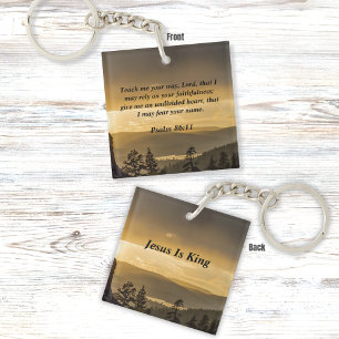 Sunset Over Forest Mountains Psalm 86:11 Verse Keychain