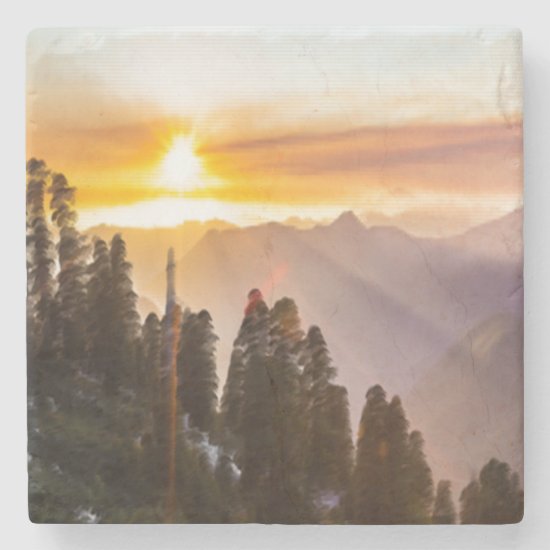 Sunset over forest photo stone coaster