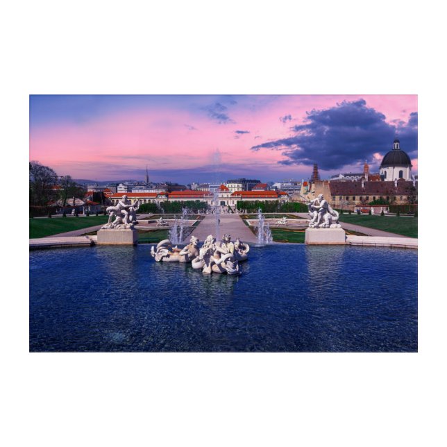 Sunset over fountain in Vienna Acrylic Print (Front)