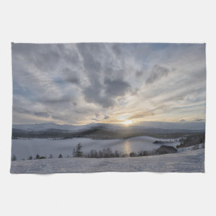 Sunset over frozen lake kitchen towel