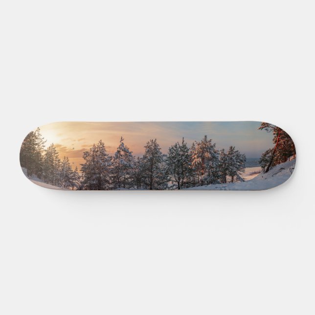 Sunset over frozen snowy forest near sea skateboard (Horz)