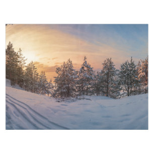 Sunset over frozen snowy forest near sea tablecloth