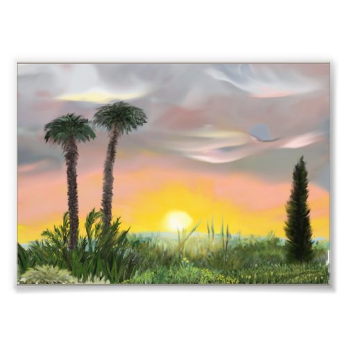 sunset over garden with palmtrees watercolor art photo print