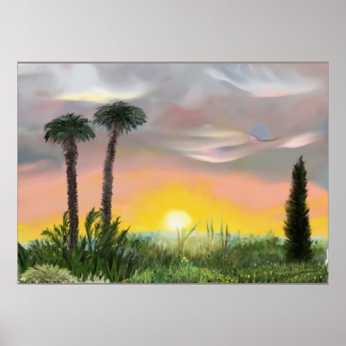 sunset over garden with palmtrees watercolor art poster