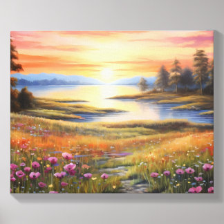 Sunset over lake and field of flowers canvas photo tile 