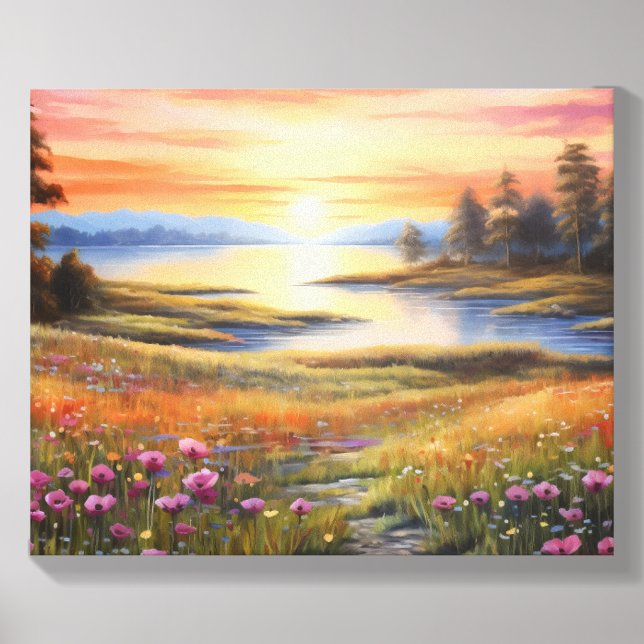 Sunset over lake and field of flowers canvas photo tile  (Front Set)