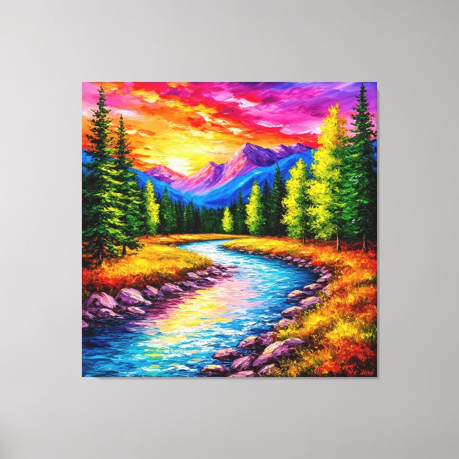 Sunset Over Mountain River Valley Canvas Print (Front)