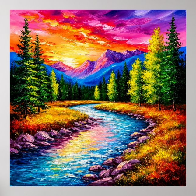 Sunset Over Mountain River Valley Poster (Front)