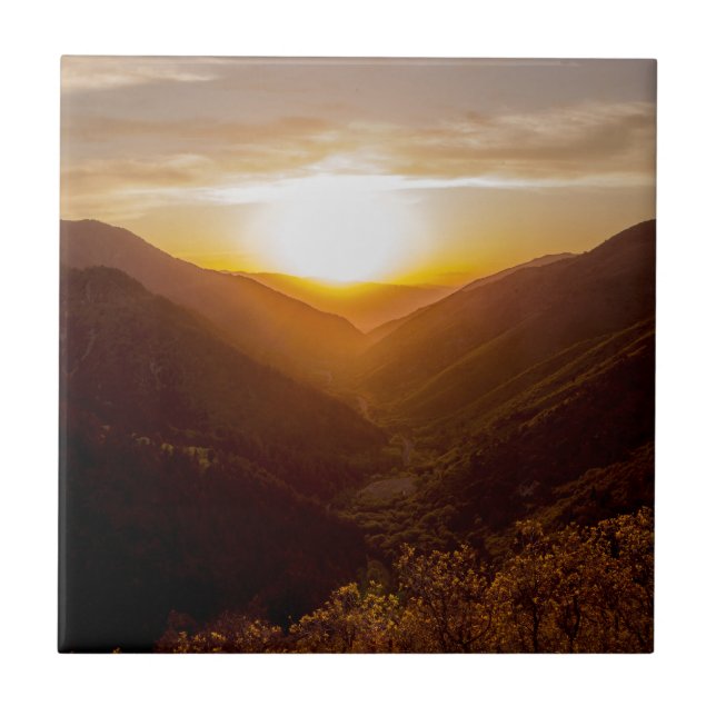 Sunset Over Mountains Landscape Ceramic Tile (Front)
