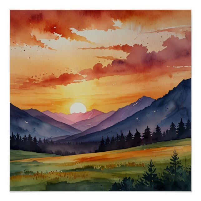 Sunset Over Mountains Watercolor Poster (Front)