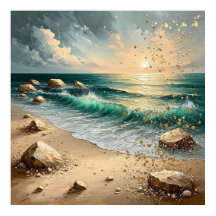Sunset Over Ocean Waves and Rocky Shoreline