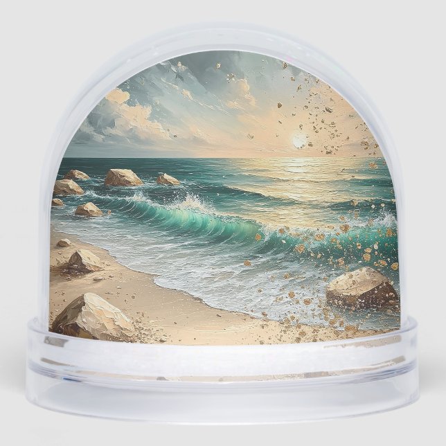 Sunset Over Ocean Waves and Rocky Shoreline Snow Globe (Front)