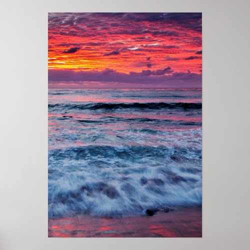 Sunset over ocean waves California Poster