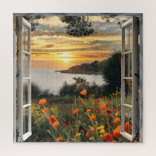 Sunset over Ocean Window View Jigsaw Puzzle