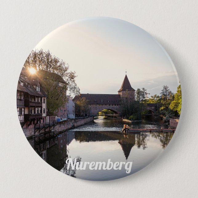 Sunset over old medieval bridge in Nuremberg Button (Front)