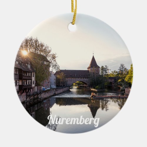 Sunset over old medieval bridge in Nuremberg Ceramic Ornament