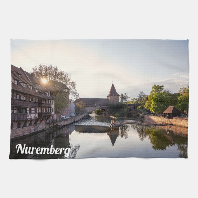 Sunset over old medieval bridge in Nuremberg Kitchen Towel (Horizontal)