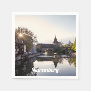 Sunset over old medieval bridge in Nuremberg Napkins