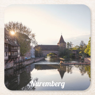 Sunset over old medieval bridge in Nuremberg Square Paper Coaster