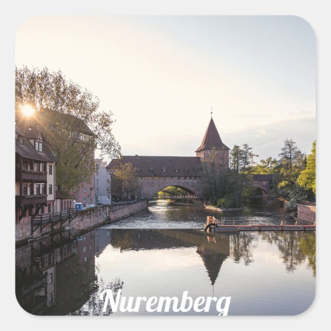 Sunset over old medieval bridge in Nuremberg Square Sticker (Front)