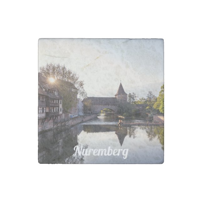 Sunset over old medieval bridge in Nuremberg Stone Magnet (Front)
