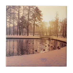 Sunset over park with small frosty lake ceramic tile