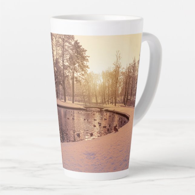 Sunset over park with small frosty lake latte mug (Right Angle)