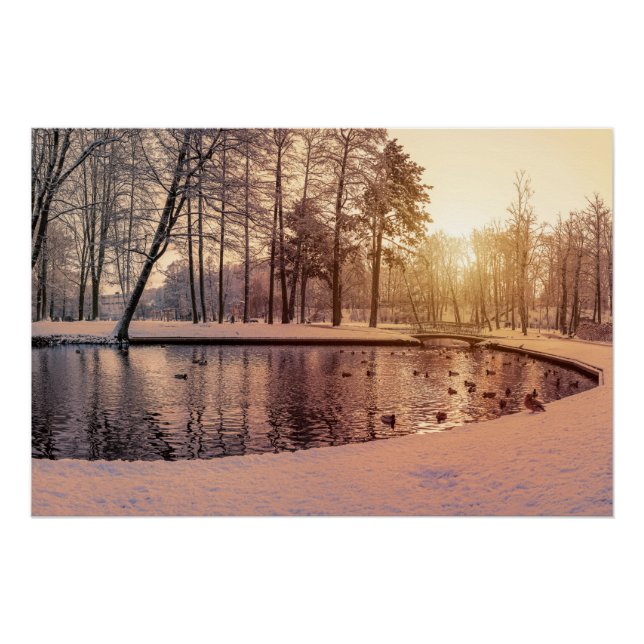 Sunset over park with small frosty lake poster (Front)