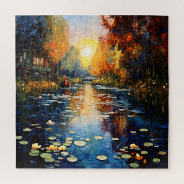Sunset over Pond Impressionism Jigsaw Puzzle (Vertical)