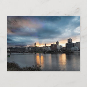 Sunset Over Portland Oregon Downtown City Postcard