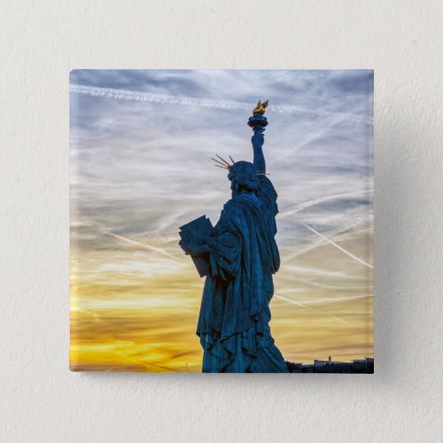 Sunset over Replica of the Liberty Statue in Paris Button