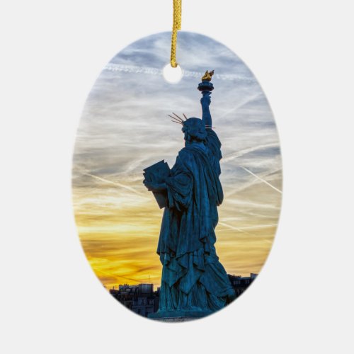 Sunset over Replica of the Liberty Statue in Paris Ceramic Ornament