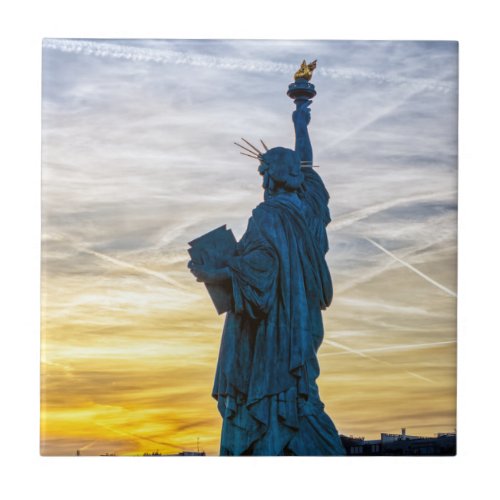 Sunset over Replica of the Liberty Statue in Paris Ceramic Tile