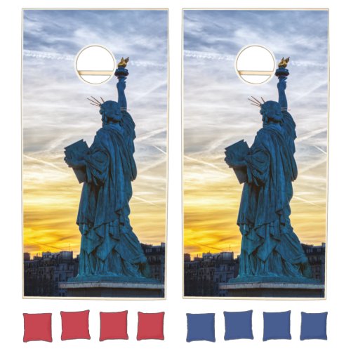 Sunset over Replica of the Liberty Statue in Paris Cornhole Set