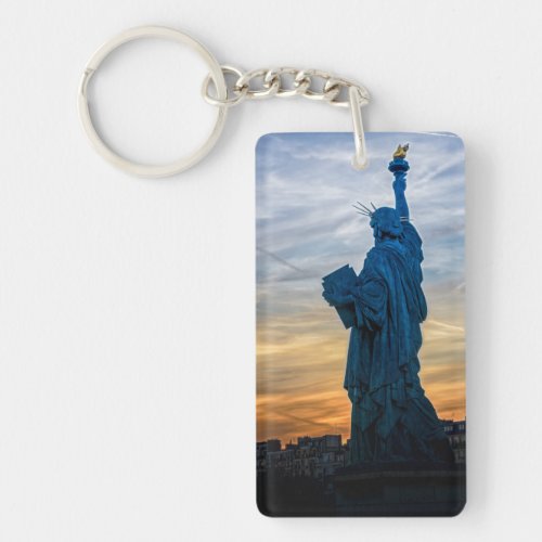 Sunset over Replica of the Liberty Statue in Paris Keychain