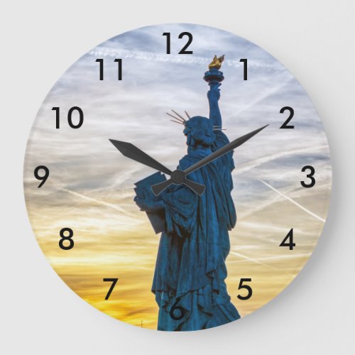 Sunset over Replica of the Liberty Statue in Paris Large Clock