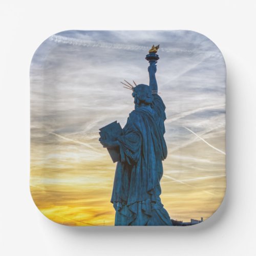 Sunset over Replica of the Liberty Statue in Paris Paper Plates