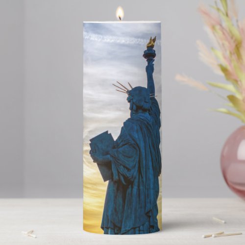Sunset over Replica of the Liberty Statue in Paris Pillar Candle